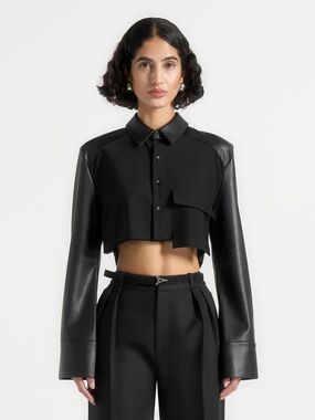 Cropped Black Mixed-Media Button Shirt